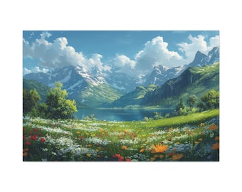Bob Ross Mountain Sunset Canvas Art Vintage Wall Decor Peaceful Ambiance Serene Home Decor Landscape Nature Green Flower Field Oil Painting
