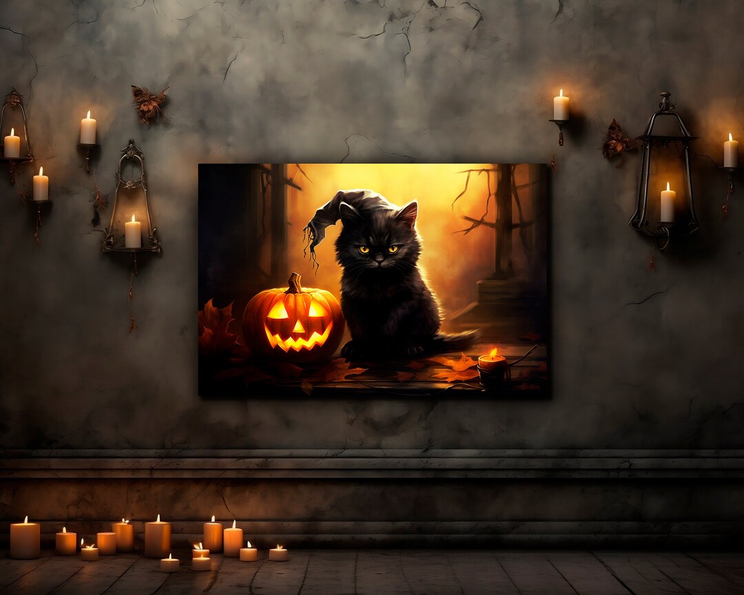 A Black Cat and a Pumpkin Canvas Wall Art | Cute Dark Fur Kitten Print ...