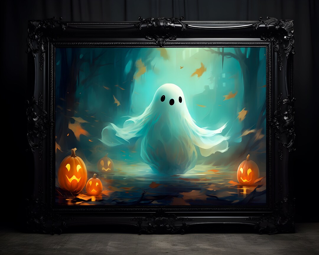 Ghost and Jack O Lantern Canvas Print | Pumpkin in the Forest Wall Art ...