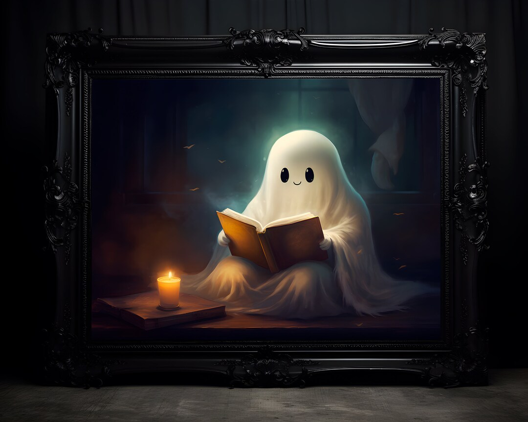 Cute Ghost Reading A Book Canvas Print | Candle Fire Light Wall Art ...