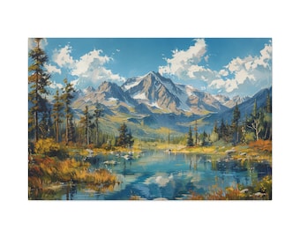 Vintage Bob Ross Mountainscape Canvas Art Rustic Wall Decor Nature Home Decor Tranquil Landscape Oil Painting Peaceful Ambiance