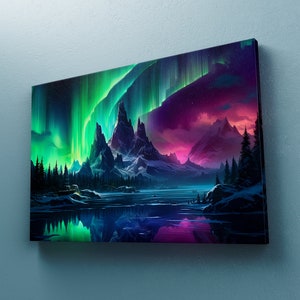 Northern Lights Canvas Wall Art Painting | Aurora Borealis Print | Celestial Landscape Wall Art | Home Decor | Night Sky Oil Painting Print