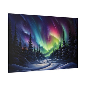 Kunst auf Leinwand - Polarlichter | Aurora Borealis Druck | Himmlische Landschaft Wandkunst | Wohnkultur | Farbenfrohes Ölgemälde