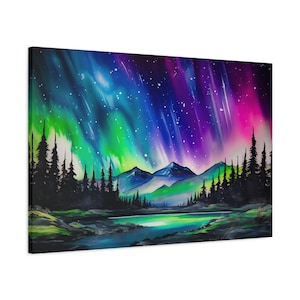 Northern Lights Canvas Wall Art Painting | Aurora Borealis Print | Snowy Landscape Wall Art | Home Decor | Night Sky Watercolor Painting
