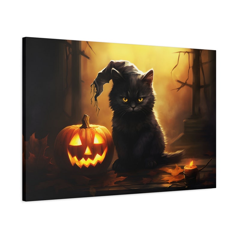 A Black Cat and a Pumpkin Canvas Wall Art | Cute Dark Fur Kitten Print ...