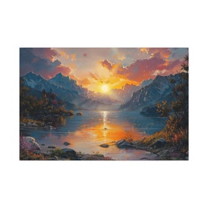 Vintage Bob Ross Mountainscape Canvas Art Rustic Wall Decor Nature Home Decor Tranquil Sunset Landscape Oil Painting Peaceful Ambiance