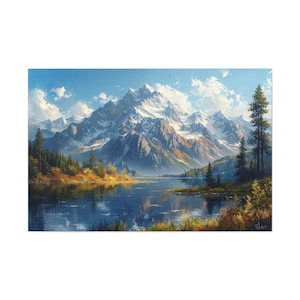 Vintage Bob Ross Snowy Mountainscape Canvas Art Rustic Wall Decor Nature Home Decor Tranquil Landscape Oil Painting Peaceful Winter Ambiance