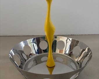 Frutero vintage SKS, decoración posmoderna, frutero de acero inoxidable con un pájaro amarillo, fabricado en Alemania