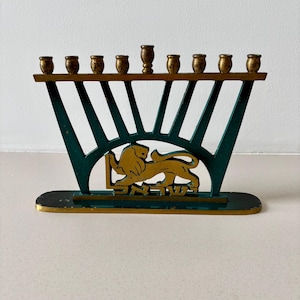 jewish candle holder/ chanukah/ Dayagi Menorah/ brass/ brass lion/ 1950/ vintage/ marked 1448/ made in Israel