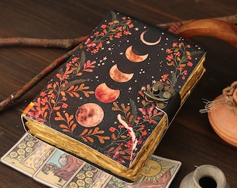 Moon Phase Vintage Leather Journal for Men & Women 200 Pages of Antique Handmade Deckle Edge Vintage Paper, Leather Sketchbook, Great Gift