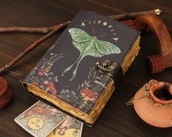 Blank Spell Book of Shadows Journal for Men & Women 200 Pages with Lock Clasp Vintage Handmade Leather Luna Moth Deckle Edge Vintage Paper