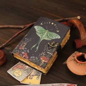 Blank Spell Book of Shadows Journal for Men & Women 200 Pages with Lock Clasp Vintage Handmade Leather Luna Moth Deckle Edge Vintage Paper