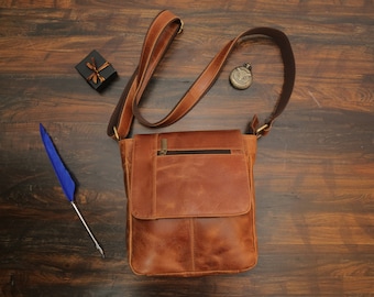 Personalized Leather Crossbody Bag Purse Pouch Tote Gift For Her-Custom Monogram-Mothers Day-Brown-Full Grain Leather.