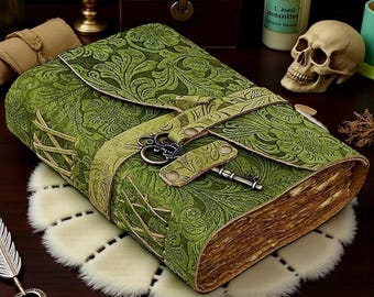 Green Embossed Leather Journal, Vintage Deckle Paper Notebook, Book of Shadows