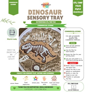Sensorisk bricka med dinosaurier – 3D-utskrivbara STL/3MF-filer – Kommersiell licens – Pedagogisk aktivitet med lösa delar
