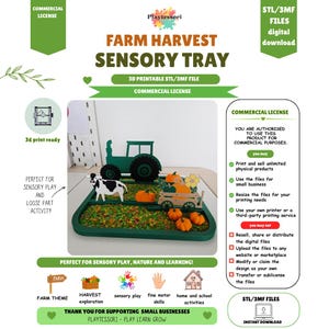 May include: A green sensory tray containing a 3D printed green tractor, a black and white cow figure, a small wagon filled with orange pumpkins, and loose green and orange filler material. The tray features text including FARM HARVEST SENSORY TRAY.