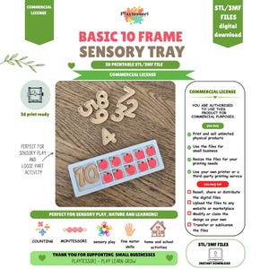Puede incluir: Una descarga digital para una bandeja sensorial de 10 marcos imprimible en 3D. El conjunto incluye una bandeja rectangular azul claro con diez insertos rojos en forma de manzana y dígitos beige 3, 4, 5, 7, 8, 9 y 10 para contar.