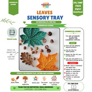 Puede incluir: Una descarga digital de archivos STL y 3MF imprimibles en 3D para una bandeja sensorial con forma de hojas. La imagen muestra tres bandejas con forma de hoja en verde, marrón y naranja, rodeadas de bellotas y castañas sobre una superficie blanca.