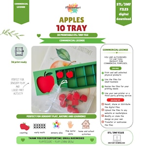 Plik STL 3MF z tacką liczącą Apple Ten Frame | Licencja komercyjna | Matematyka Montessori do druku 3D | Narzędzie do nauki matematyki | Pobieranie cyfrowe