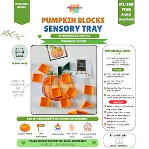 Könnte beinhalten: Ein digitales Download-Produkt für 3D-druckbare STL/3MF-Dateien eines Pumpkin Blocks Sensory Tray. Das Bild zeigt orangefarbene quadratische und dreieckige Kunststoffblöcke auf einer Matte mit Kürbismotiv sowie Textinformationen.