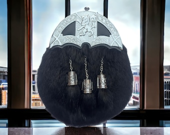 Traditional Celtic Sporran | Black Rabbit Fur Highland Kilt Bag | Chrome Lion Cantle | Handmade Scottish Gift