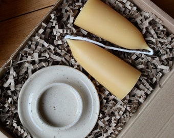 Beeswax Candles and Ceramic Candle Holder Gift Box, Candle Gifts, Gifts by Post, Housewarming Gifts, Made in the U.K.