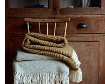 Mustard Yellow Pure Wool British Blanket - Ochre Herringbone Tweedmill Throw