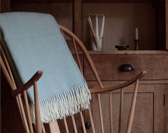 Pale Blue British Wool Blanket, Duck Egg Blue and Ivory Herringbone with Fringe