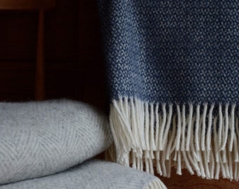 Pure Wool British Blanket, Blue Picnic Blanket, Blue and Ivory Illusion Windmill