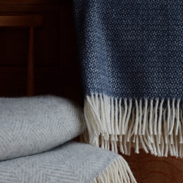 Blue Wool Blanket, Pure Wool British Throw, Blue and Ivory Illusion Windmill