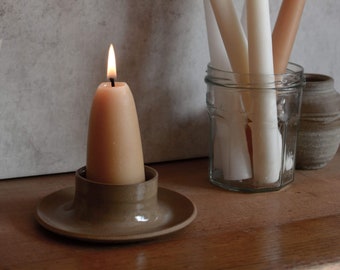 Ceramic Pillar Candle Holder, Candlestick for Stubby Candles, Toast Brown Glaze, Stoneware Clay