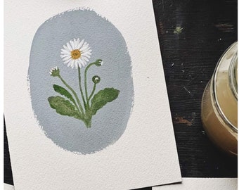 Botanische illustratie van Daisy Flower door Gemma Koomen - Fine Art Giclee A5 bloemenprint - Pale Blue Wall Art