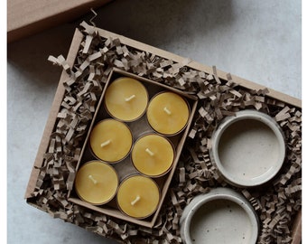 Beeswax Tealights and Ceramic Tea Light Holder Gift Box, Gifts by Post, Christnmas Gifts, Candle Gifts, Made in the U.K.