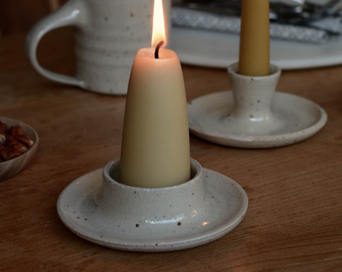 Ceramic Pillar Candle Holder, Candlestick for Stubby Candles, Natural Glaze, Stoneware Clay