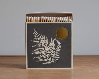 Letterpress Matches by Archivist, Fern Leaf Charcoal and Gold, Luxury Extra Long Matches