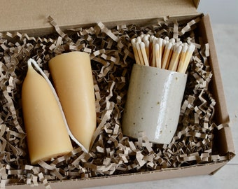 Beeswax Candles and Ceramic Match Pot Gift Box, Candle Gifts, Gifts by Post, Birthday Gift, Made in the U.K.