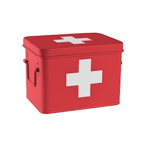 May include: A red metal first aid box featuring a white cross on the front and top. The box is rectangular with a hinged lid and a handle on each side. Designed for storing medical supplies, it's a classic design.