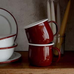 Red Enamel Mug, Camping Cup, Red Kitchen Accessories, Outdoor Picnic Set, Red and White Enamelware, Vintage Style Mug