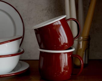 Red Enamel Mug, Camping Cup, Red & White Enamelware, Vintage Style