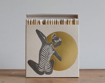 Extra Long Matches by Archivist, Yoga Figure and Golden Moon, Ivory and Gold, Luxury Letterpress Matches