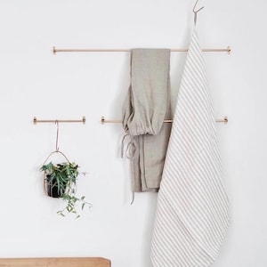 May include: Three gold metal rods mounted on a white wall with a hanging plant, a towel, and a pair of pants.