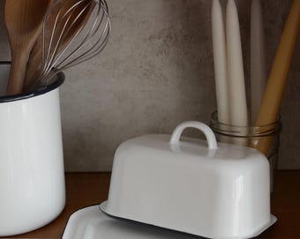 White Enamel Butter Dish, Navy Rim, Country Farmhouse Kitchen