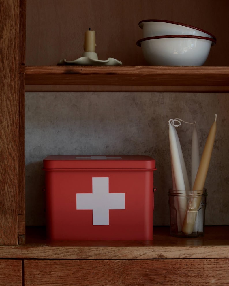 Red First Aid Kit Storage Box, Medicine Box, First Aid Canister, Metal Medicine Storage Tin, Vintage Style First Aid, First Aid Organiser