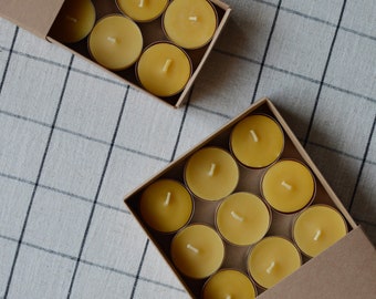 British Beeswax Tealight Candles, Box of 6 or 12, Hand Poured Tealights, Long Burning, Made in the U.K.