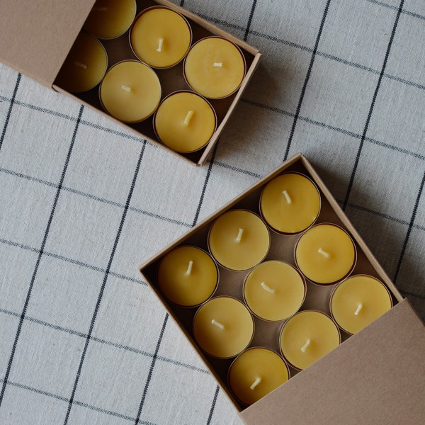 British Beeswax Tealight Candles, Box of 6 or 12, Hand Poured Tealights, Long Burning, Made in the U.K.