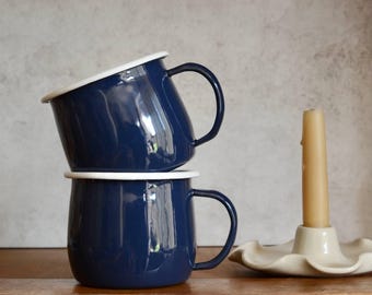 Navy Blue Enamel Mug, Camping Cup, Blue & White Enamelware
