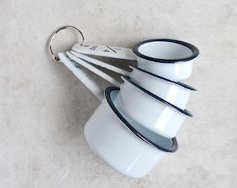 Enamel Measuring Cup Set, Classic White & Blue, Vintage Style Baking Gift, Set of 4
