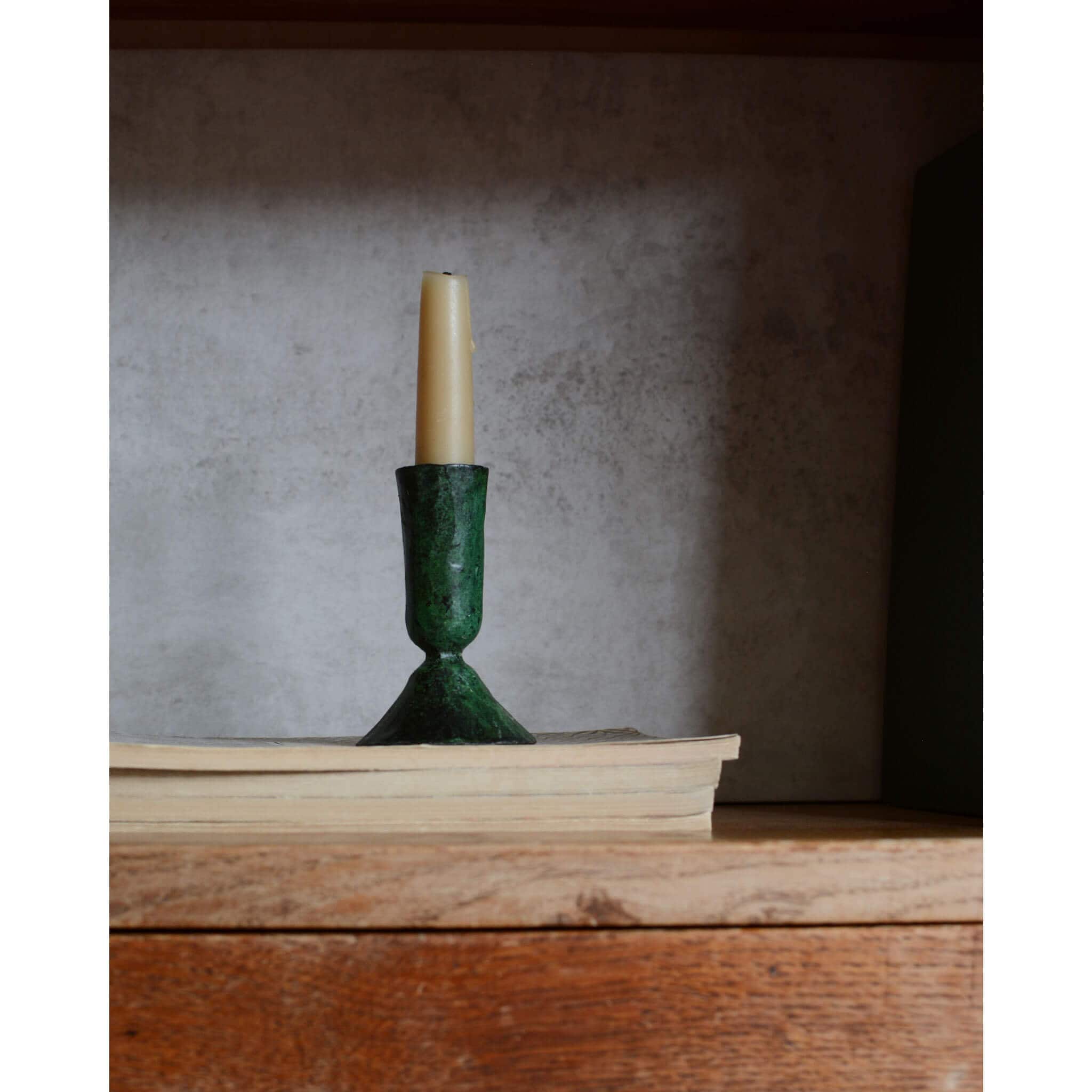 Verdigris Taper or Dinner Candlestick, Green/Black Metal Iron Candle Holder, Vintage Style, Fairtrade Handmade