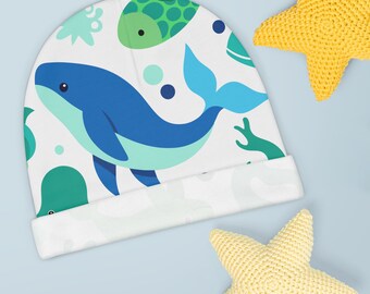 Baby Beanie Sea (AOP), bonnet bébé, vie marine, bonnet mignon, bonnet bébé, bonnet nouveau-né, bonnet pour tout-petit unisexe, bonnet bébé, bébé doux, bonnet en coton,