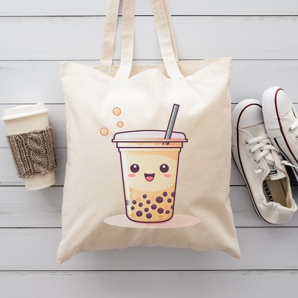 Boba Tea Library Book Bag, Cotton Canvas Tote Bag, Trendy Teen Gifts, Cute Boho Bag, Kawaii Tote Bag